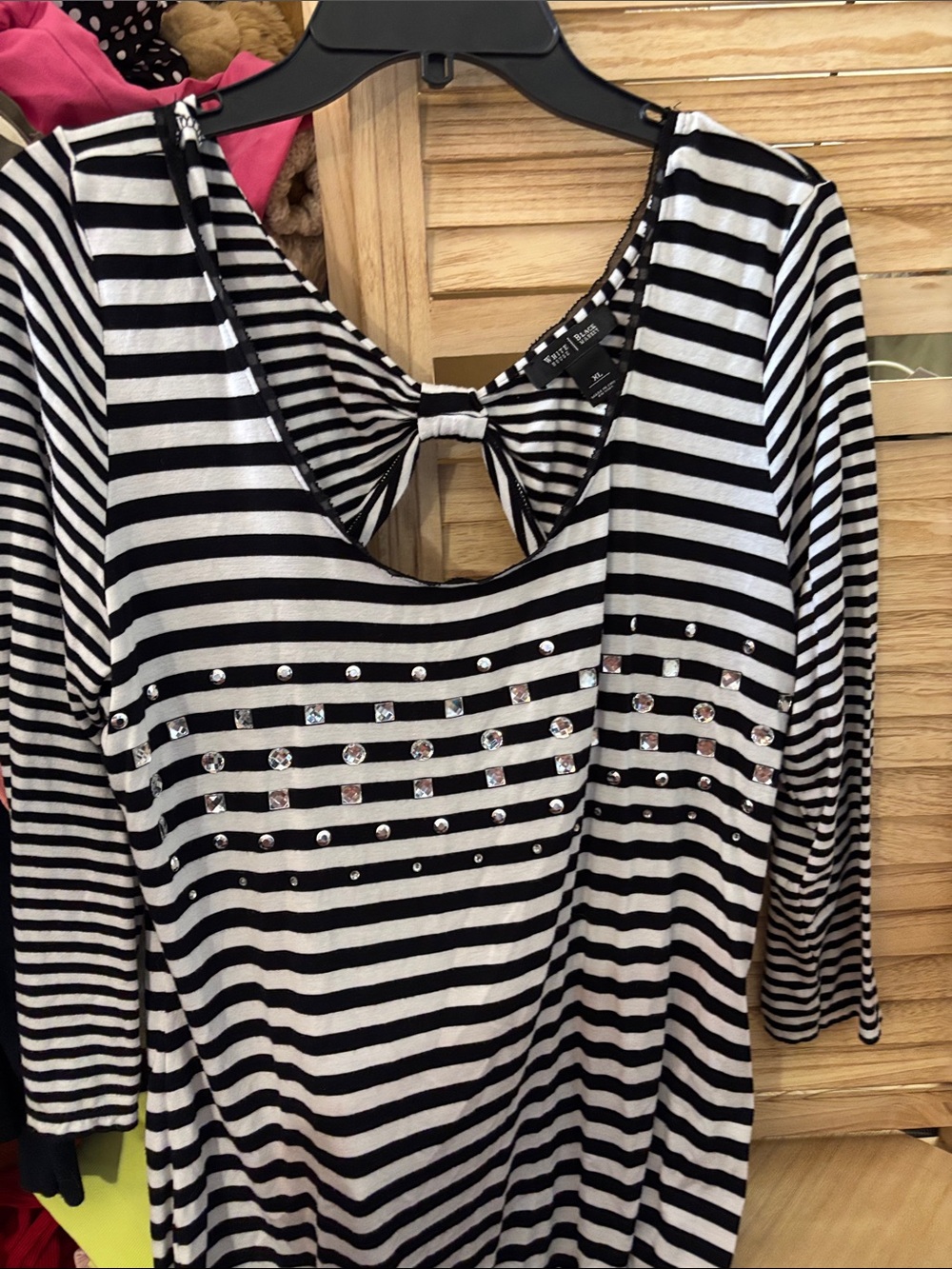 White House Black Market Black & White Striped Top with Stud Accents XL